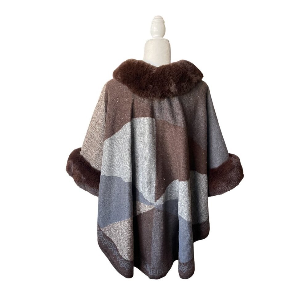 Northern Angel Anthropologie Fur Trim Poncho Sweater S/M Penny Lane Oversized - Picture 5 of 9